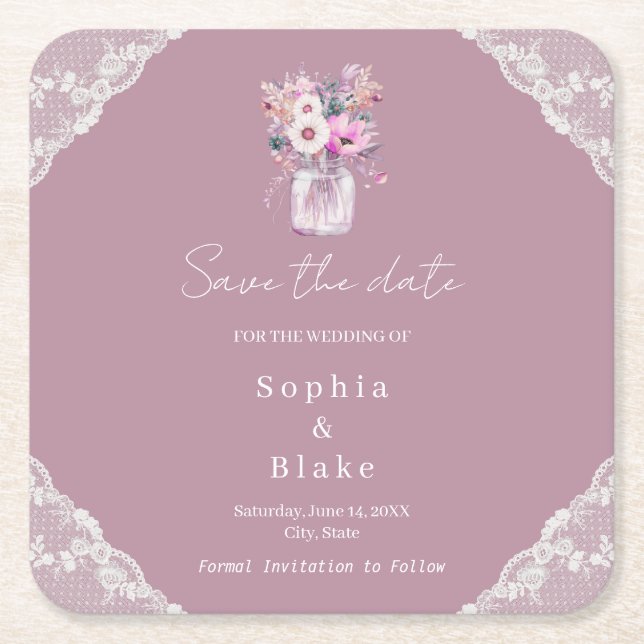 Country Lace Mason Jar Pink Save the Date Rechteckiger Pappuntersetzer (Vorderseite)