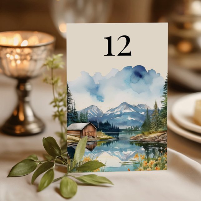 Country Lake Rustic Barn Watercolor Hochzeit Tischnummer (Wedding Table Number from the Country Lake wedding collection by Darling & May)