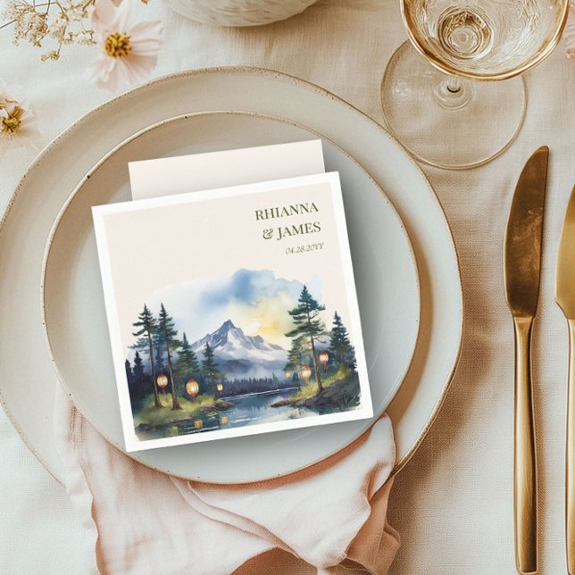 Country Lake Twilight Forest Mountain Hochzeit Serviette (Personalized napkins from the Country Lake wedding collection by Darling & May)