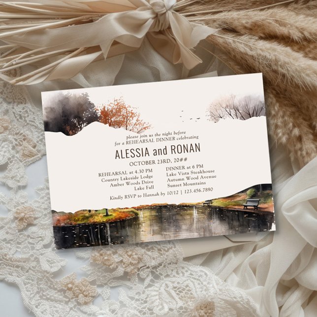 Country Lake Watercolor Wedding Rehearsal Dinner Einladung (Fall Lake Wedding Rehearsal Dinner Invite by Darling & May - buy digital file or professional prints)
