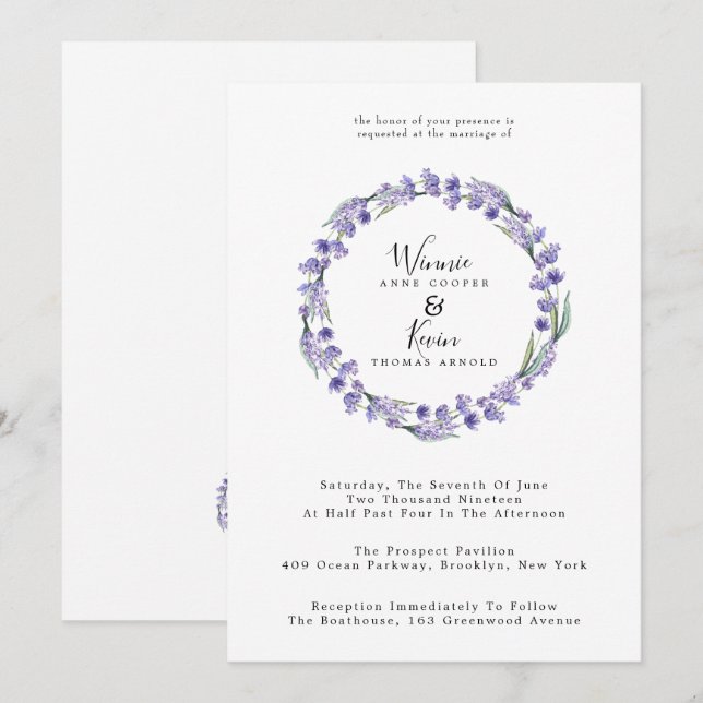 Country Lavender Wreath Wedding Einladung (Vorne/Hinten)