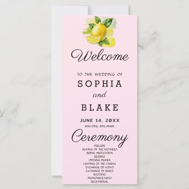 Country Lemon Greenerity Soft Pink Wedding Program (Vorderseite)