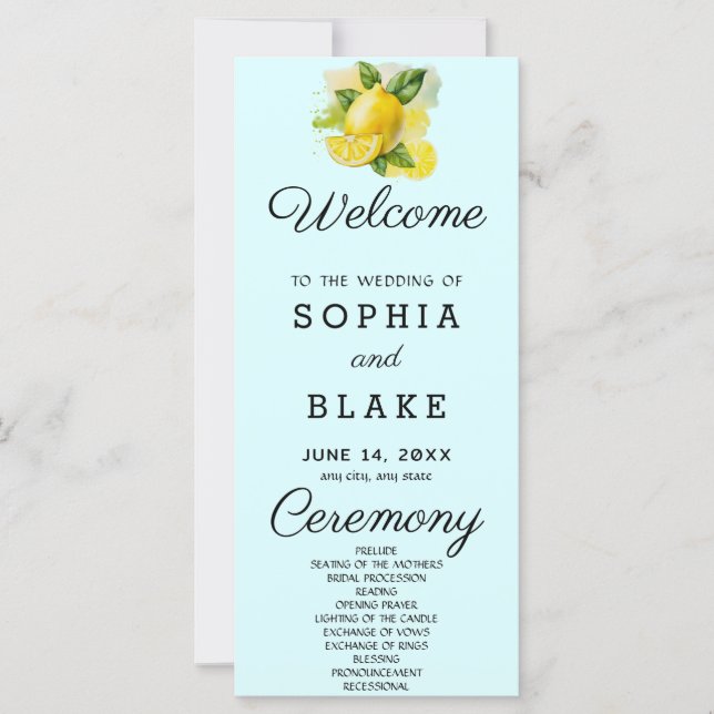 Country Lemon Greenery Light Blue Wedding Program (Vorderseite)