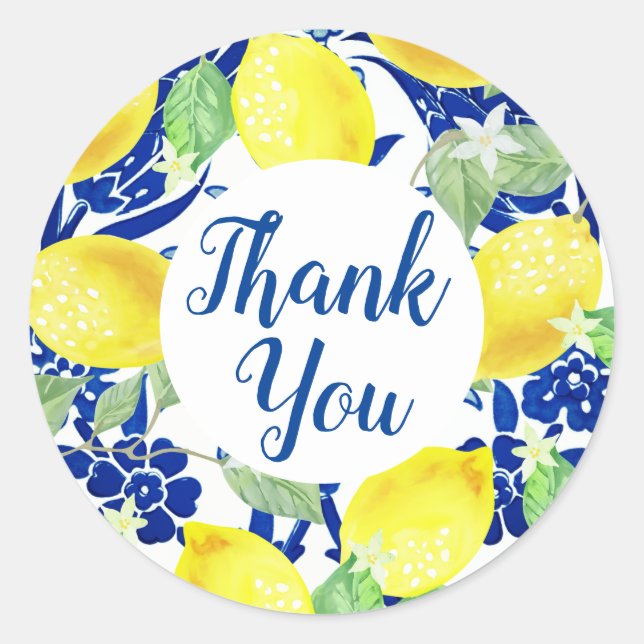Country Lemons & Blue Floral Vielen Dank Runder Aufkleber (Vorderseite)