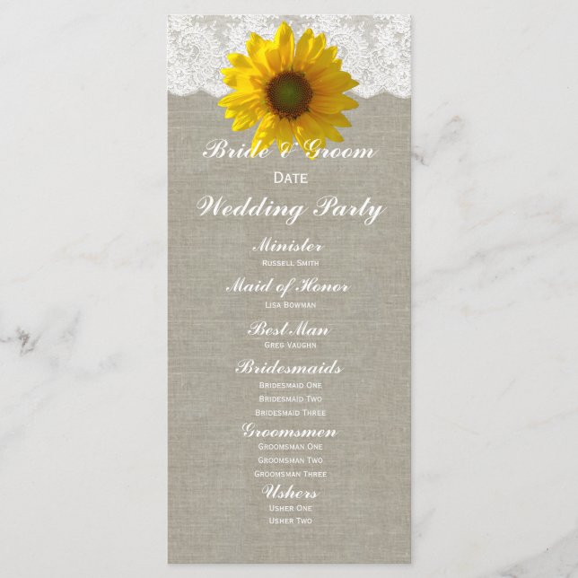 Country Linen Sunflower Lace Hochzeitsprogramm Programm (Vorderseite)