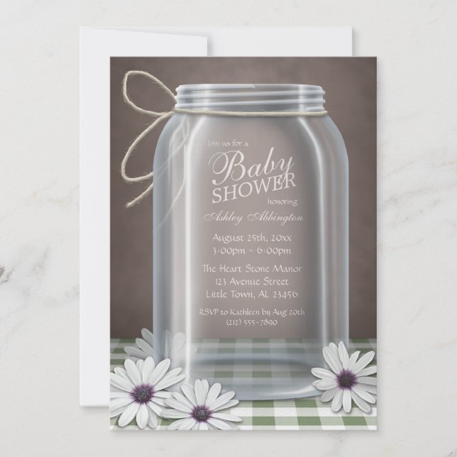Country Mason Jar Green Gingham Baby Dusche Einladung (Vorderseite)