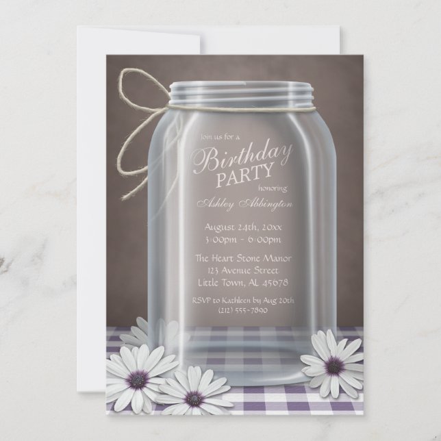 Country Mason Jar Lila Gingham Birthday Party Einladung (Vorderseite)