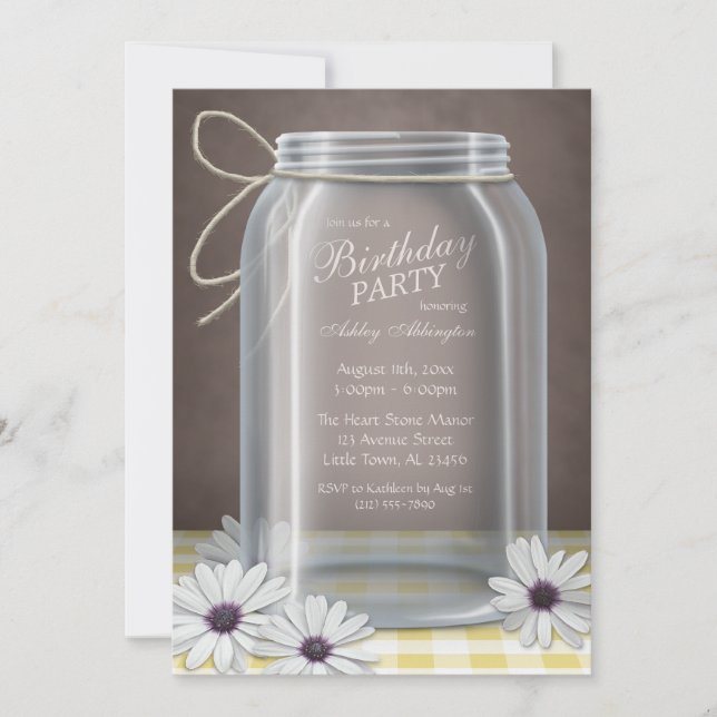 Country Mason Jar Yellow Gingham Birthday Party Einladung (Vorderseite)
