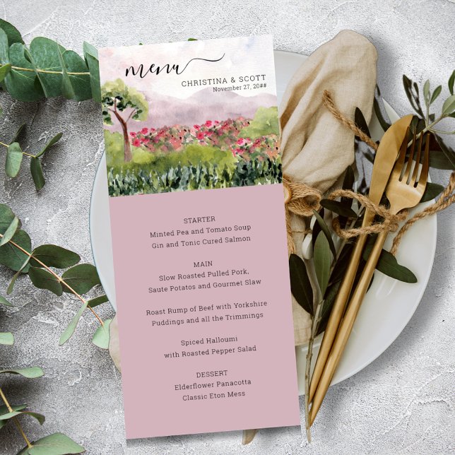 Country Meadow Watercolor Dusty Rose Wedding Menu Menükarte (Von Creator hochgeladen)