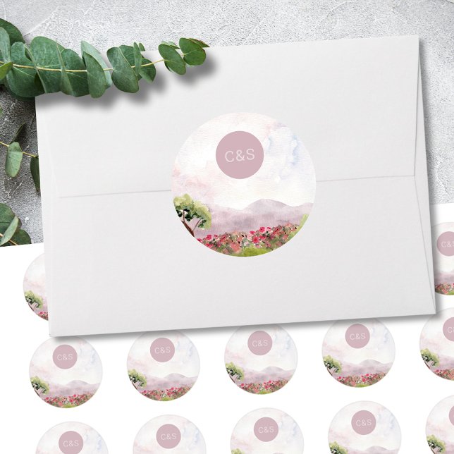 Country Meadow Watercolor Wedding Simple Monogram Runder Aufkleber (Von Creator hochgeladen)