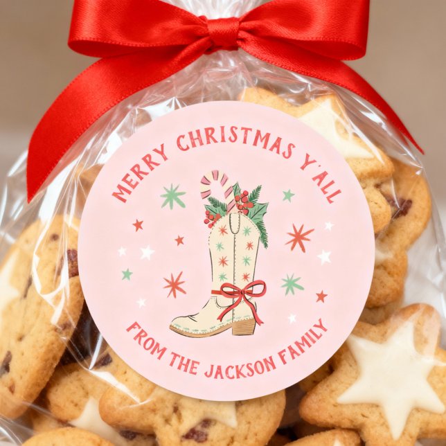 Country Merry Christmas Y'all Cowboy Boot Gift Runder Aufkleber (Merry Christmas y'all stickers with festive cowboy foot illustration)
