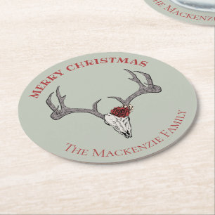 Country Merry Xmas Hirsch Rentier Skull Antlers Runder Pappuntersetzer