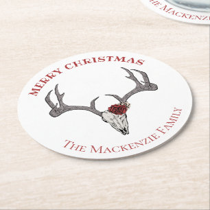 Country Merry Xmas Hirsch Rentier Skull Antlers Runder Pappuntersetzer