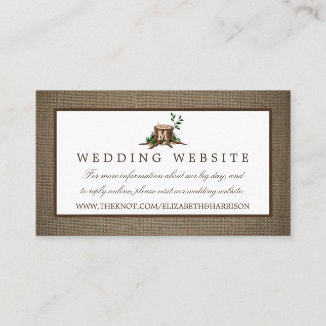 Country Monogram Tree & Burlap Wedding Website Begleitkarte (Vorderseite)