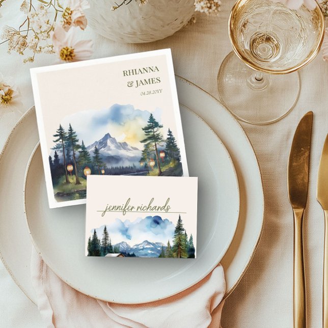 Country Mountain Forest Wasserfarbe Platzkarte (Table Place Card from the Country Lake wedding collection by Darling & May)