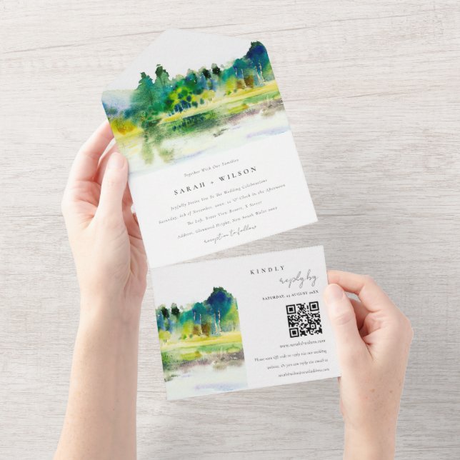 Country Mountains River Landscape Wedding QR Code All In One Einladung (Abreißen)