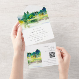 Country Mountains River Landscape Wedding QR Code All In One Einladung