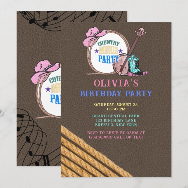 Country Music Girl Geburtstagsparty Einladung (Vorne/Hinten)
