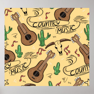 Country Music Gitarre Cactus Pattern Poster