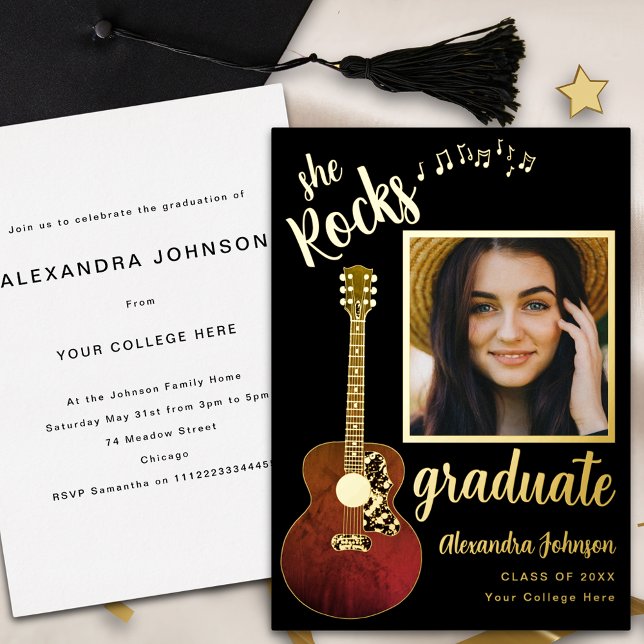 Country Music Graduate Party Script Black and Gold Folieneinladung (Fun modern black and gold foil script graduate photo country music theme graduation party invitation)