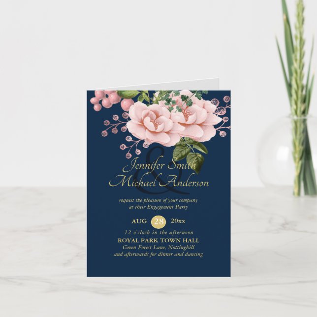 Country Navy Blue Blush Roses Gold VERLOBUNG (Vorderseite)