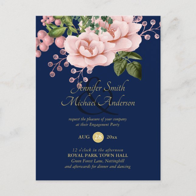 Country Navy Blue Blush Roses Gold VERLOBUNG Postkarte (Vorderseite)