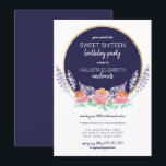 Country Navy Pink Lilac Wild Blume Sweet 16 Einladung<br><div class="desc">Dieses moderne und ländlich gestaltete 16 . Geburtstag Geburtstagsfest lädt zu einer stilvollen Veranstaltung ein. Es verfügt über eine handbemalte lila lila, rot-rosa, berrosa, sonnenorange und seafoam-grüne Aquarelllavender und Peony-Wildblumen rund um ein Imitat mit Goldrahmen und marineblau blauem Textkasten auf einem schlichten, weißen Hintergrund. Stilisieren Sie Ihre Einladung mit diesem...</div>