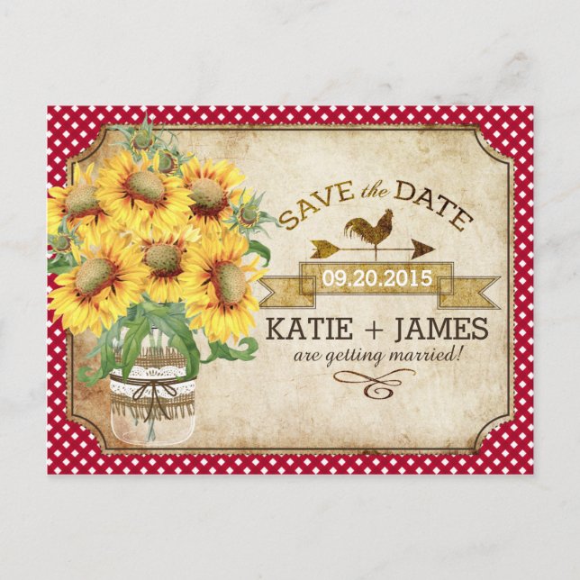 Country Picnic Sunflower Gingham Save the Date Ankündigungspostkarte (Vorderseite)