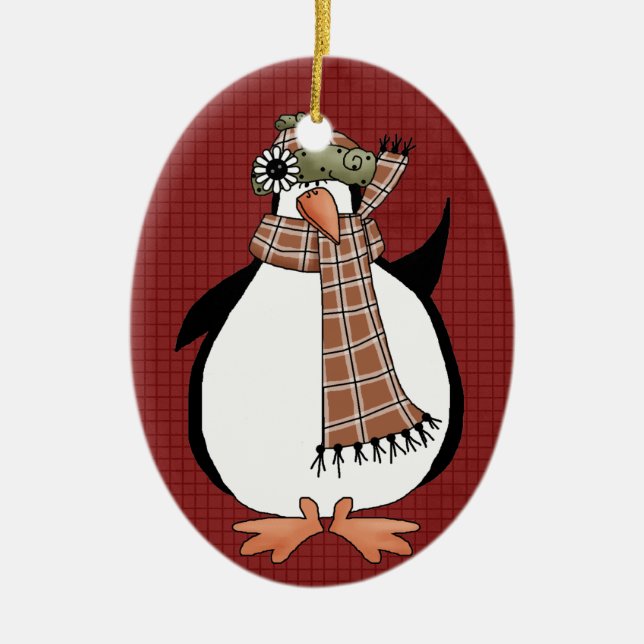 Country Pinguin Keramik Weihnachtsschmuck (Vorne)