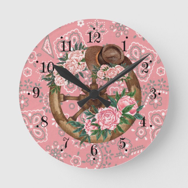 Country Pink Blume Hat Wagon Wheel Wall Clock Runde Wanduhr (Vorderseite)