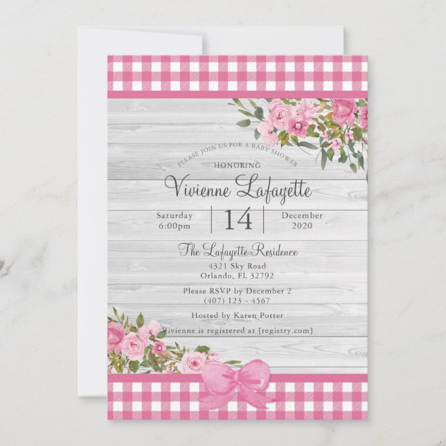 Country Pink Gingham Floral Baby Dusche Einladung (Vorderseite)
