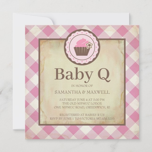 Country Pink Gingham und Cupcake Baby Q Picnic Einladung (Vorderseite)