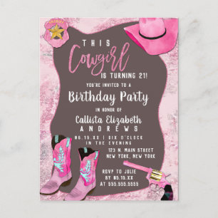 Country Pink Glitzern Cowgirl Watercolor Geburtsta Einladungspostkarte