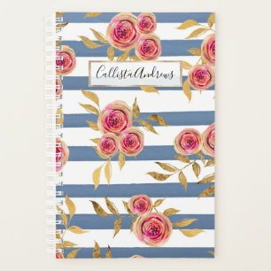 Country Pink Gold Blume Blaue Streifen Muster Planer