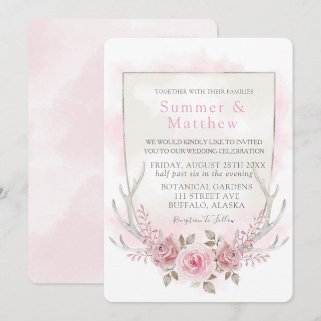 Country Pink Gray Peony Deer Antlers Wedding Einladung (Vorne/Hinten)