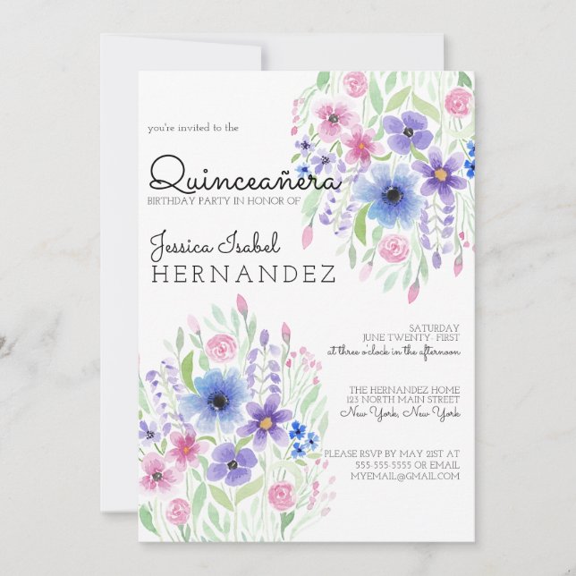 Country Pink Lila Floral Aquarell Quinceñera Einladung (Vorderseite)