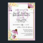 Country Pink Lila Gelb Wilde Blume Süß 16 Einladung<br><div class="desc">Diese niedliche und ländliche 16 . Geburtstag-Geburtstagsfeier eignet sich hervorragend für die Sommer- und Frühjahrssaison. Es ist mit handbemalten Wildblumen in Gelb, Senf, Beerenrosa, Violett lila und Farn-Aquarell um ein Imitat mit Goldbedruckung und einem rot-rosa Rahmen mit weißem Hintergrund ausgestattet. Es ist elegant, modern, hübsch, künstlerisch und einzigartig. Das perfekte...</div>