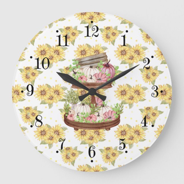 Country Pumpkin And Sunflowers Wall Clock Große Wanduhr (Vorderseite)