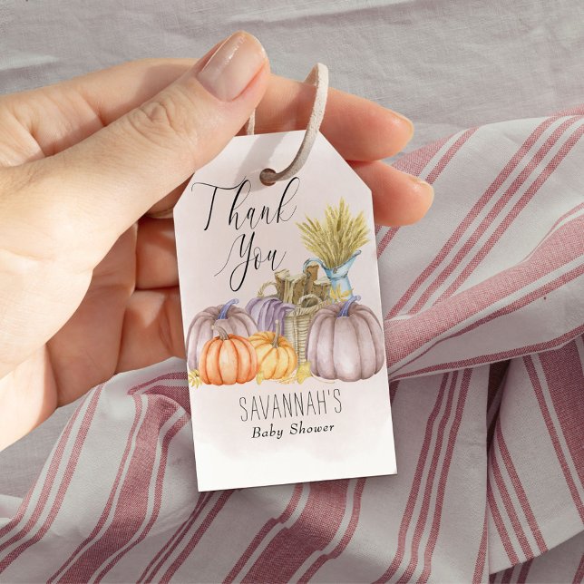 Country Pumpkin Blush Pink Wasserfarbe Vielen Dank Geschenkanhänger (Fall Baby Shower gift tags with Thank You script & rustic style, from my Country Pumpkin collection)