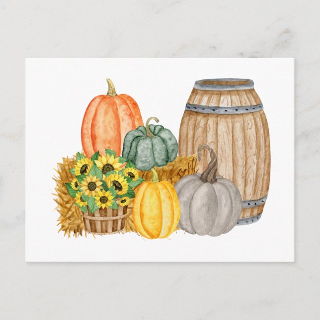 Country Pumpkin Harvest - Sonnenblumen und Barrel Postkarte (Vorderseite)