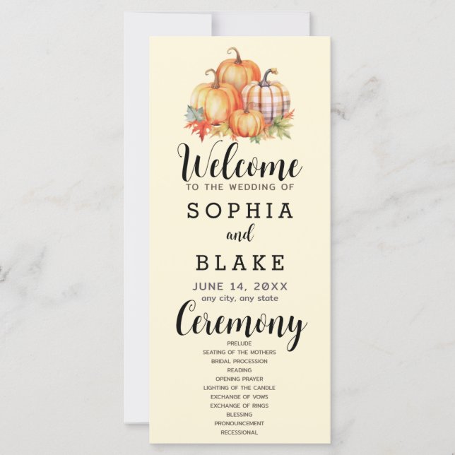 Country Pumpkins Kariert Fall Yellow Wedding Progr (Vorderseite)
