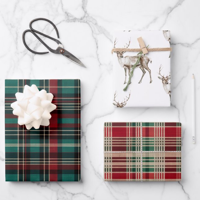 Country Red Green Kariert Christmas Deer Geschenkpapier Set (Vorderseite)