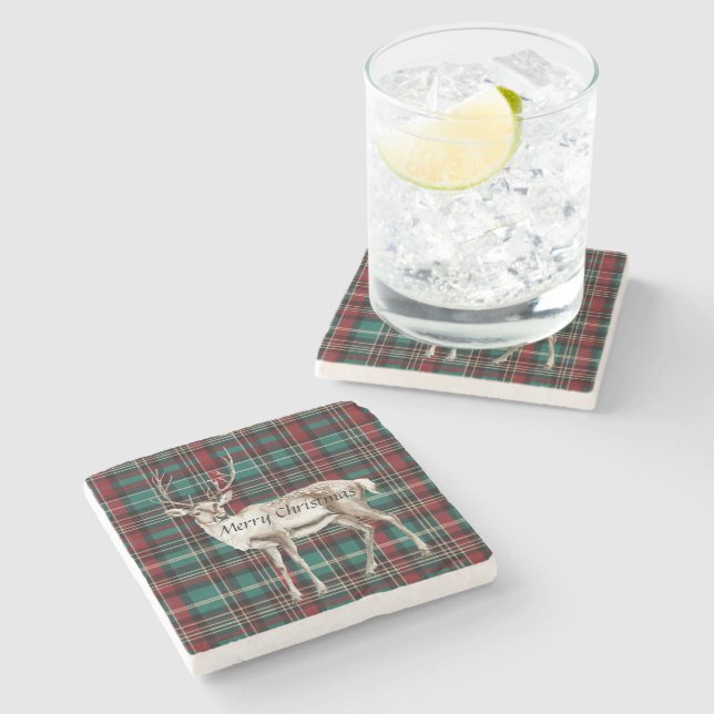 Country Red Green Kariert Christmas Deer Steinuntersetzer (Seitenansicht)