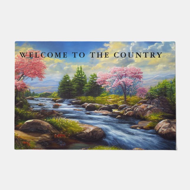 Country River Landscape Apple Trees Rock Shore Fußmatte (Vorderseite)