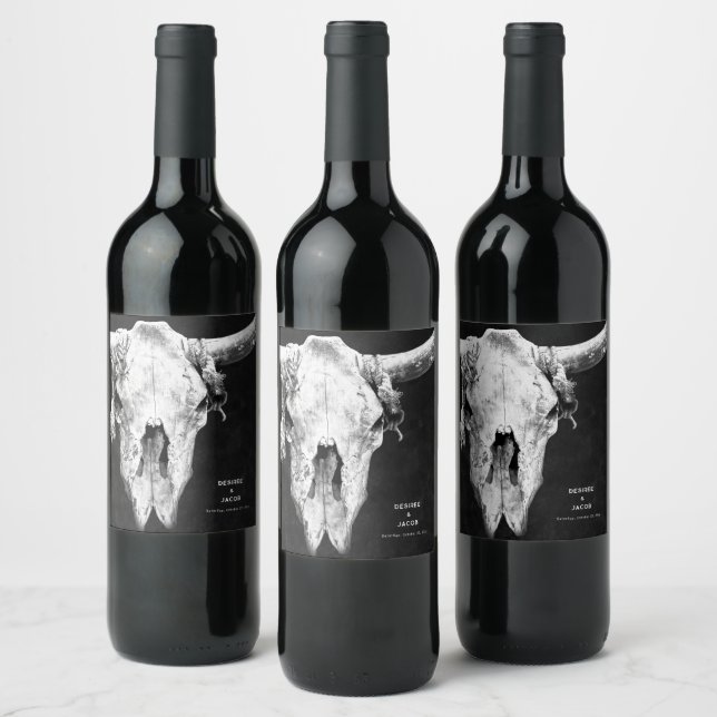 Country Rodeo Western Black And White Bull Skull Weinetikett (Flaschen)