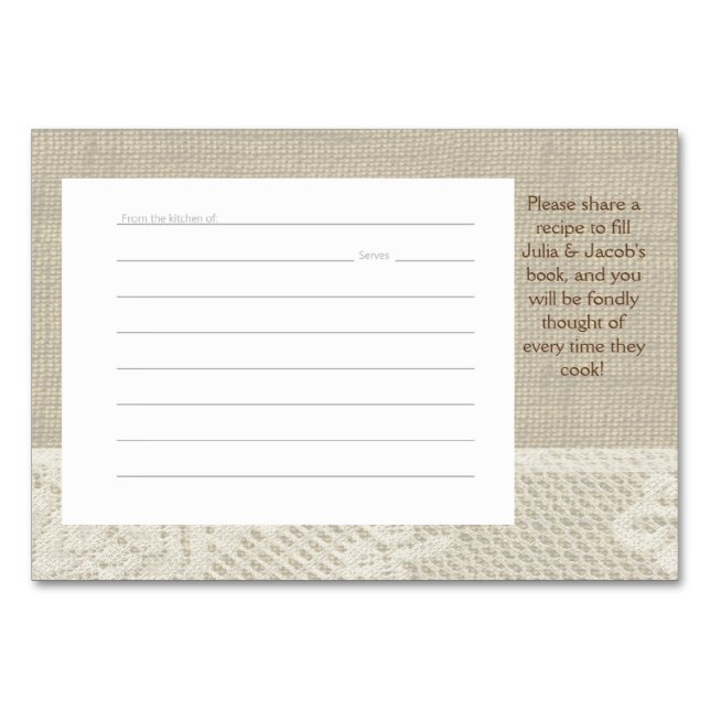 Country Romance Burlap- und Spitzenrezeptkarten Tischnummer (Vorderseite)