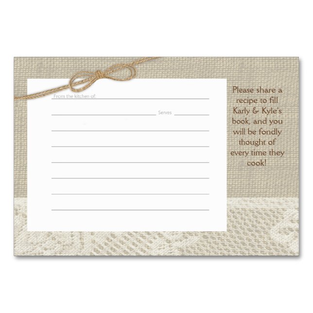 Country Romance Burlap- und Spitzenrezeptkarten Tischnummer (Vorderseite)