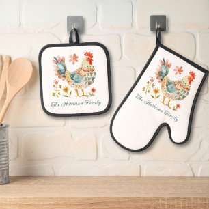 Country Rooster Aquarell Family Monogram Ofenhandschuh & Topflappen-Set