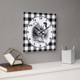 Country Rooster black white check clock Quadratische Wanduhr