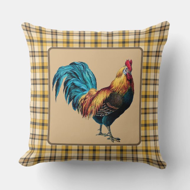 Country Rooster Brown Kariert Kissen (Vorderseite)